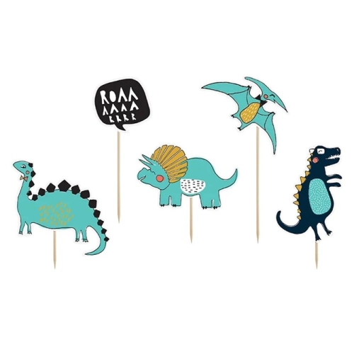 Topper piker ozdoby na tort babeczki dinozaur dekoracje urodzinowe dino zestaw 5 sztuk